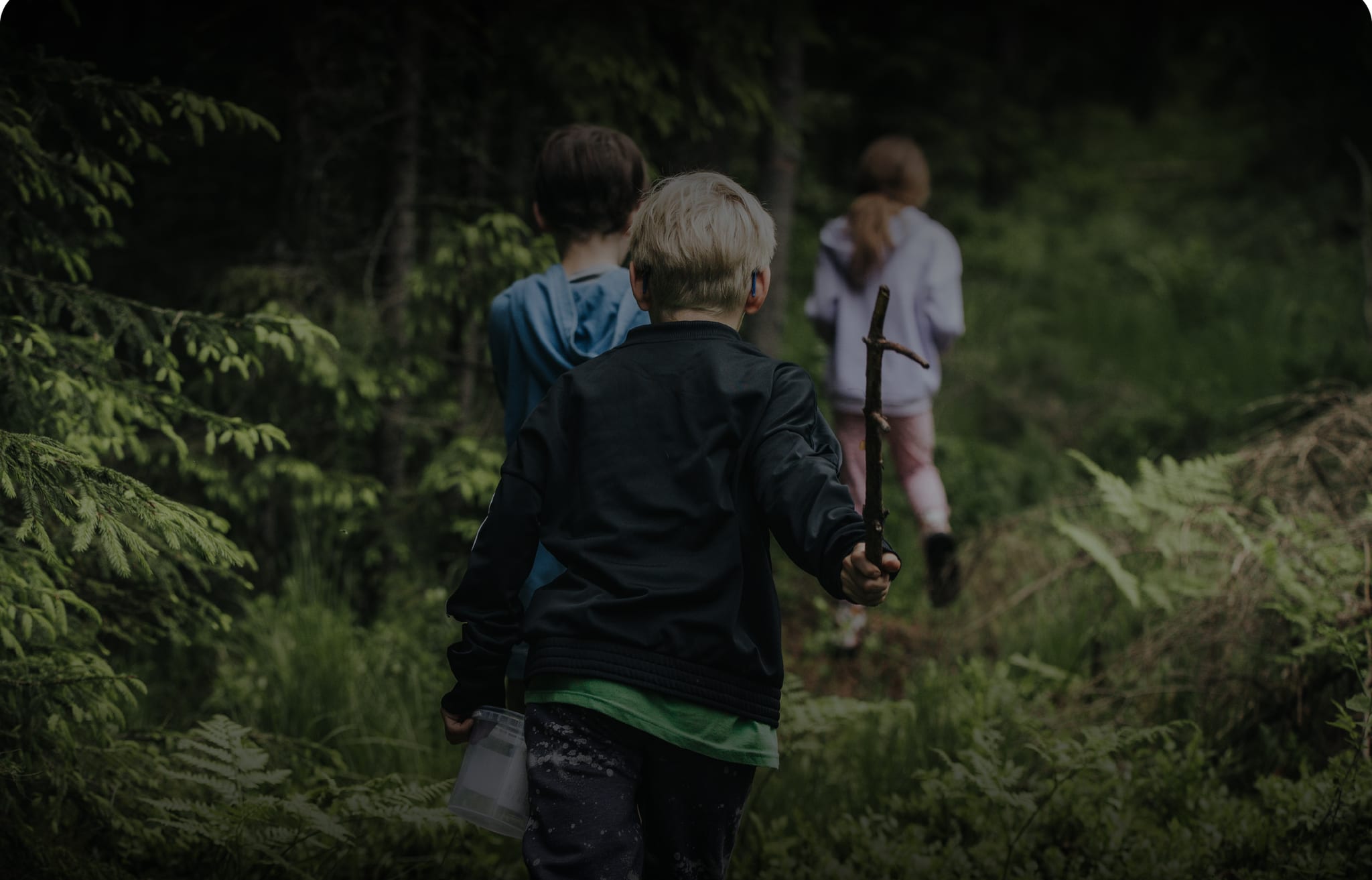 Children exploring woodland at Mossend Farm